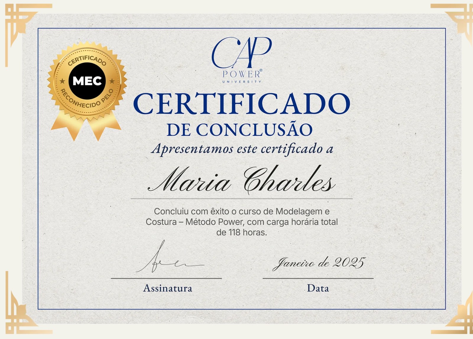 Modelo do certificado de conclusão da Comunidade Artesã Power com o selo de reconhecido pelo MEC