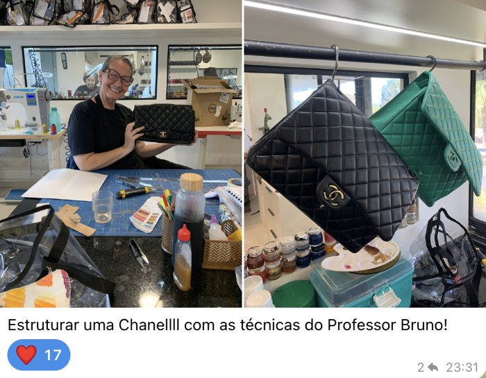 Print de aluna com bolsas Chanel estruturadas com as técnicas do Professor Bruno
