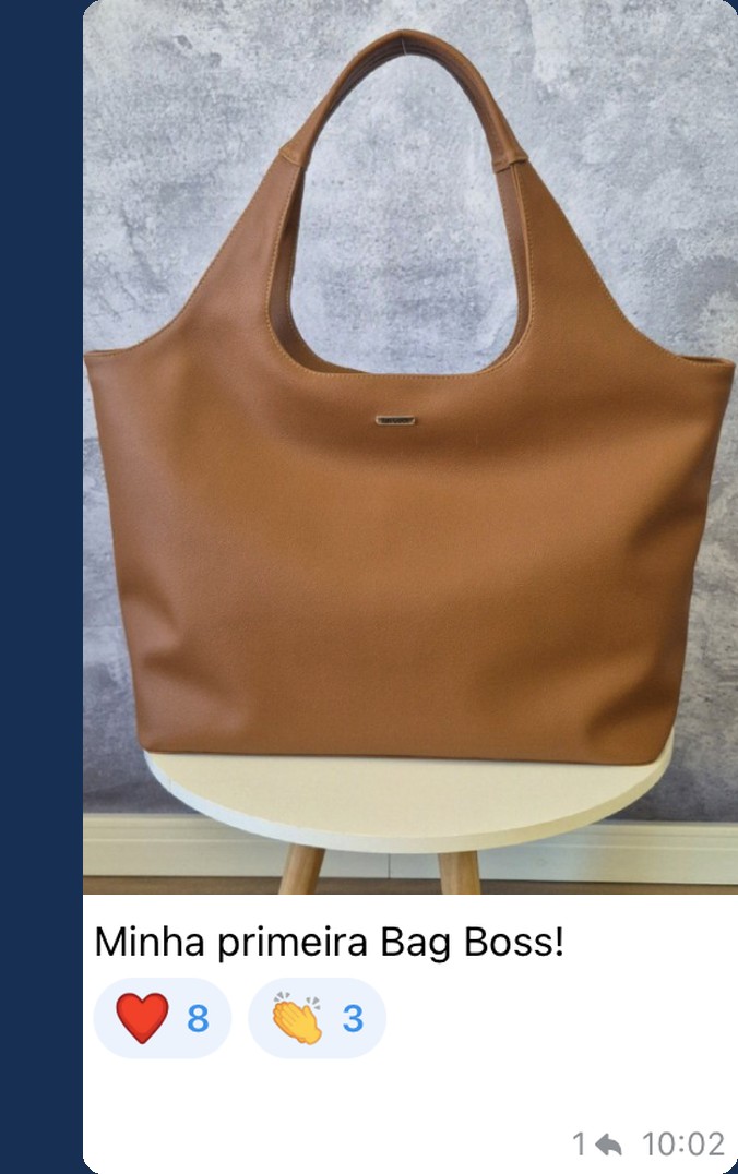 Print da mensagem de uma aluna no grupo da Comunidade Artesã Power: Bag Boss caramelo com a legenda Minha primeira Bag Boss!